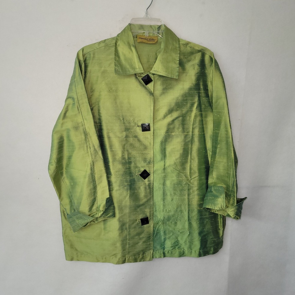 Painted Pony Shirt Jacket Green Silk‎ Button Down Size XL 3/4 Sleeve *READ